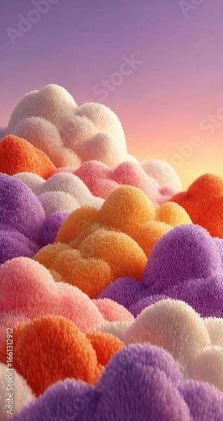 Fototapeta Fluffy, colorful clouds in a gradient of pastel hues against a vibrant sunset