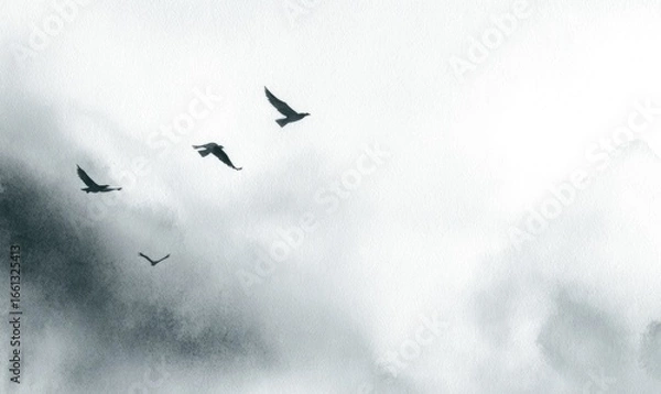 Fototapeta Three birds soar through a misty, gray landscape
