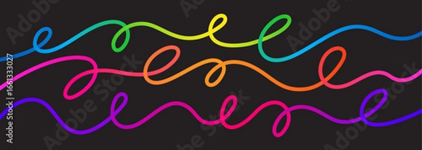 Fototapeta Abstract Color Lines Pattern. Wave Shape Gradient Continuous Line on Black Background. Vector Swirls and Curve 3D Graphic Elements