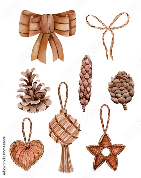 Fototapeta Set of watercolor illustrations in monochrome color. Hand drawn knitted toys, different cones, bows made of ribbons and ropes, isolated on white background. Christmas set.