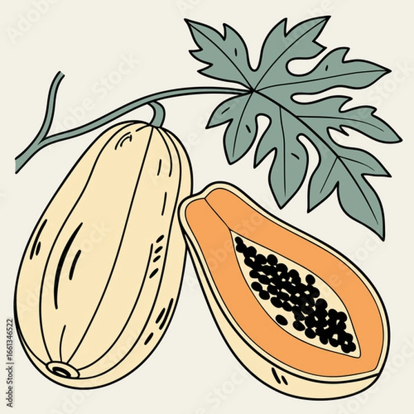 Fototapeta Papaya fruit illustration with whole and half slices, showcasing vibrant colors and detailed seed patterns with leaf