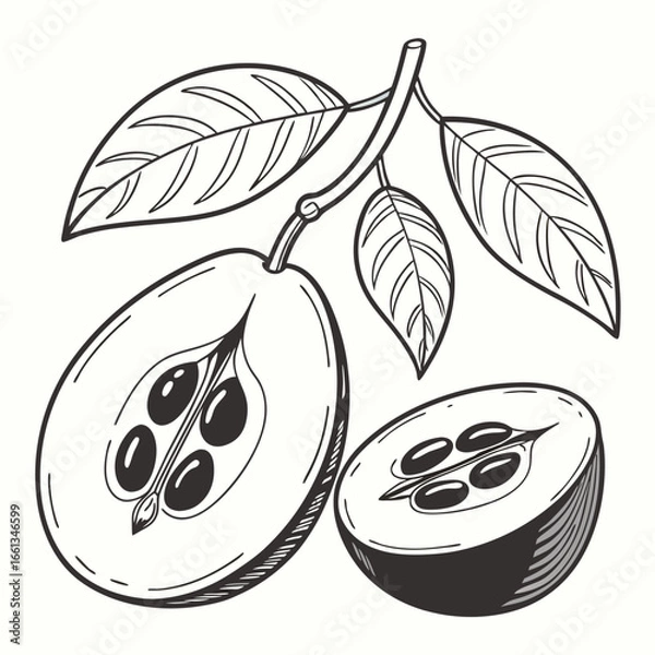 Fototapeta Quince fruit halves with seeds and leaves on a branch, detailed botanical illustration in black and white, perfect for botanical design projects