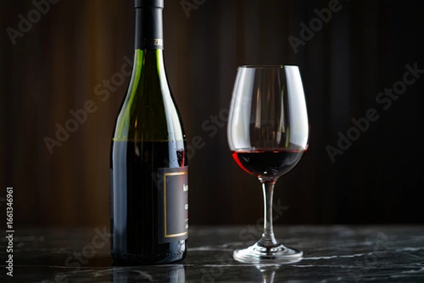 Fototapeta Elegant Still Life Featuring Red Wine Bottle and Glass on a Marble Surface Under Dim Lighting
