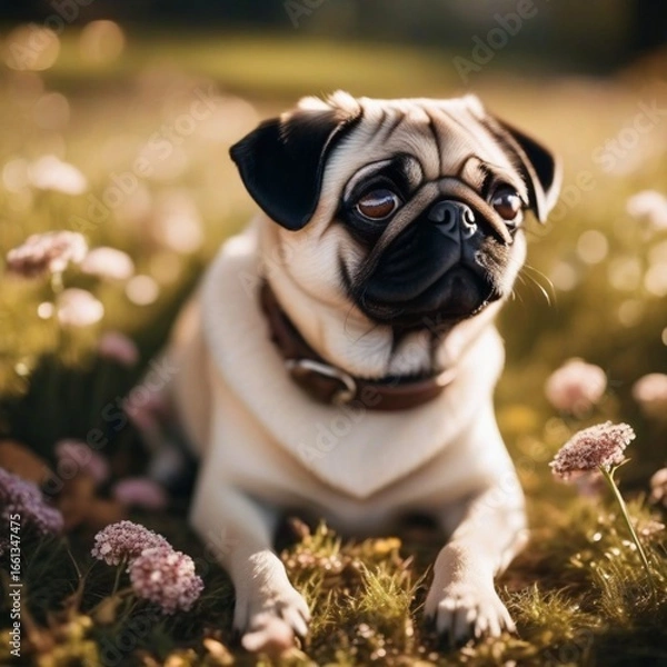 Fototapeta cute little pug on the grass