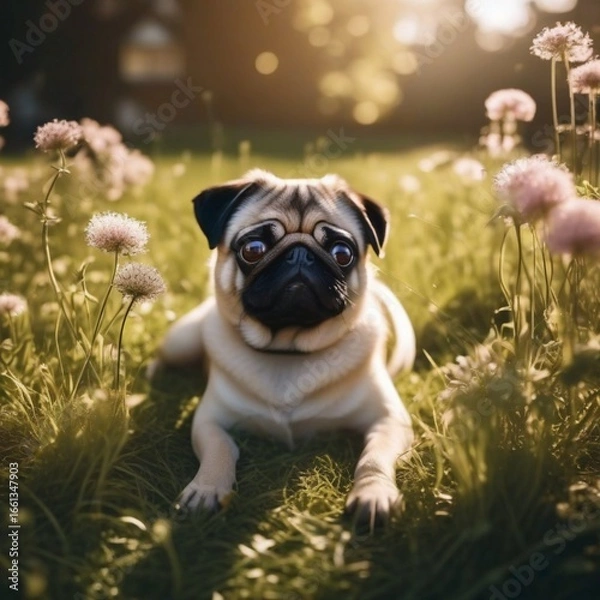 Obraz cute little pug on the grass