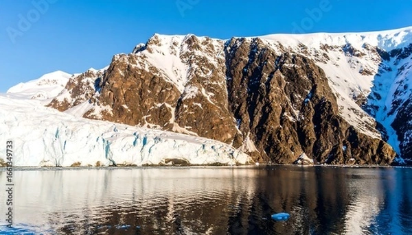 Fototapeta Snowy mountains reflecting in a calm bay