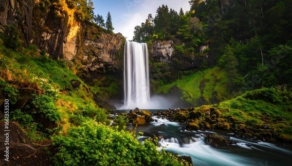 Fototapeta Majestic waterfall cascading down a rocky cliff face, lush green vegetation surrounds the base