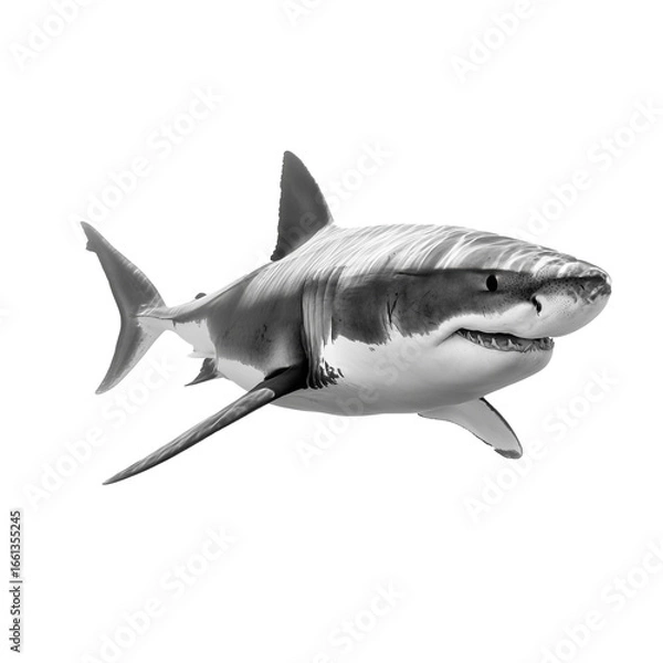 Fototapeta Weißer Hai (Großer Weißer Hai) freigestellt – isolierter Knorpelfisch auf weißem Hintergrund mit Schattenwurf, seitliche Perspektive, schwimmend; ideal für Natur, Tierwelt, Meeresbiologie