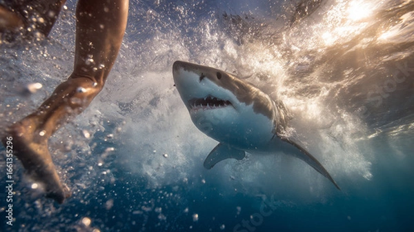 Fototapeta Weißer Hai (Großer Weißer Hai) Jagdszene unter Wasser – nahe an Schwimmerbeinen, Spritzwasser und Gischt; bedrohlicher Raubfisch, Haiangriff‑Konzept, Action‑Unterwasserfotografie im Ozean