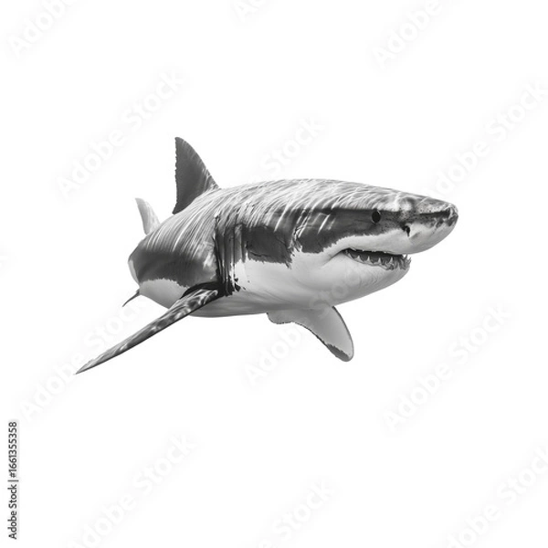Fototapeta Weißer Hai (Großer Weißer Hai) freigestellt – isolierter Knorpelfisch auf weißem Hintergrund mit Schattenwurf, seitliche Perspektive, schwimmend; ideal für Natur, Tierwelt, Meeresbiologie