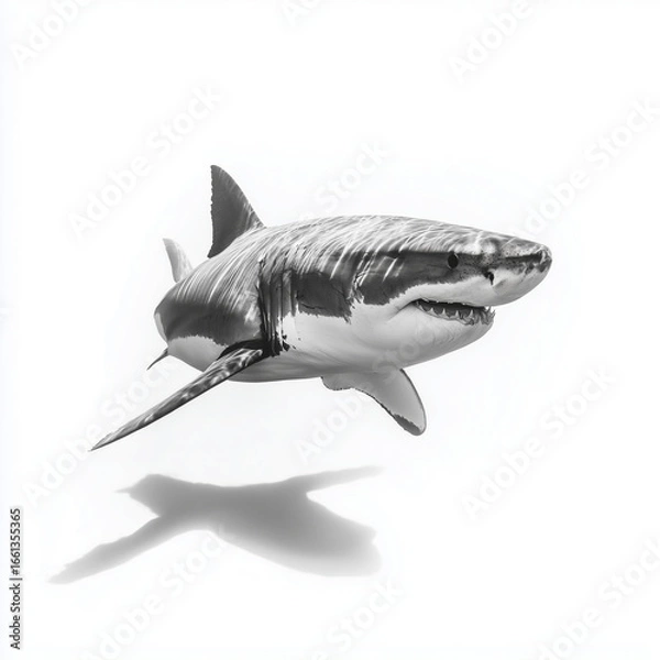 Fototapeta Weißer Hai (Großer Weißer Hai) freigestellt – isolierter Knorpelfisch auf weißem Hintergrund mit Schattenwurf, seitliche Perspektive, schwimmend; ideal für Natur, Tierwelt, Meeresbiologie