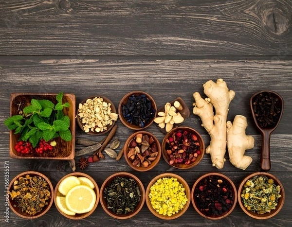 Fototapeta Assorted dried herbs and spices on a dark wooden surface