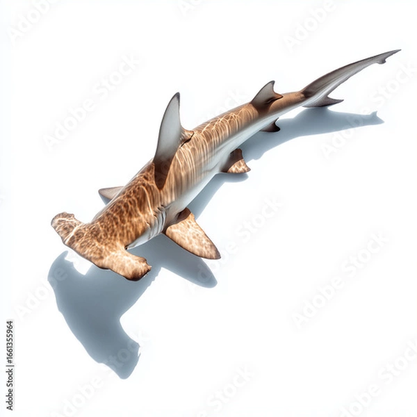 Fototapeta Hammerhai freigestellt auf weißem Hintergrund – Draufsicht mit Schattenwurf; maritimes Wildtier, Meeresraubtier und Knorpelfisch – minimalistische Studioaufnahme mit Textfreiraum
