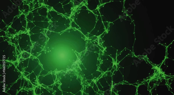 Fototapeta Abstract green network of interconnected lines and nodes against a dark background.