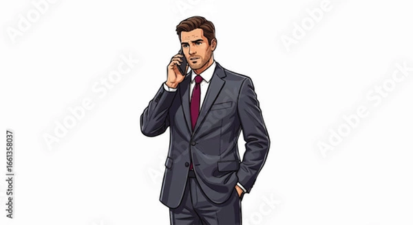 Fototapeta A serious businessman conducts a phone call, hand in pocket, dressed in a dark suit and red tie.