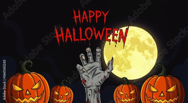 Fototapeta Halloween zombie hand reaching out, surrounded by jack-o'-lanterns under a full moon.