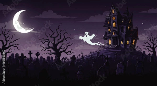 Fototapeta A spooky Halloween scene at night, with a haunted house and a ghost over a graveyard.