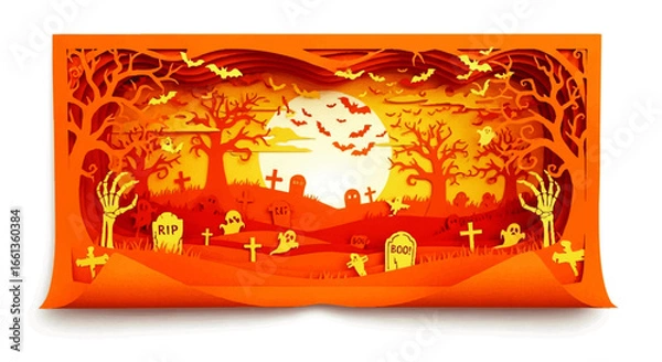 Fototapeta Intricate Halloween pop-up card depicting a graveyard scene with ghosts, bats, and skeletal hands under an orange moon.