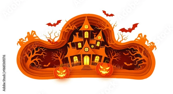 Fototapeta A layered paper art illustration featuring a spooky haunted house, pumpkins, and bats.