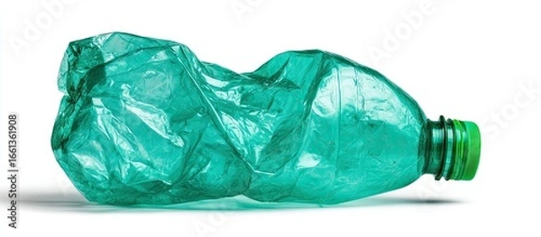 Fototapeta Crushed teal plastic bottle on white background