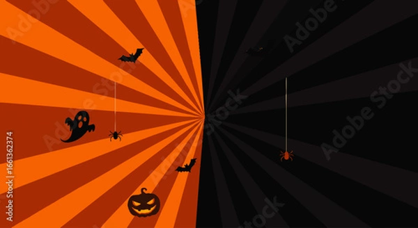 Fototapeta Halloween-themed background with radiating stripes, pumpkins, ghosts, bats, and spiders.