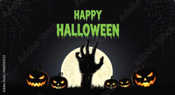 Fototapeta A zombie hand emerges from the ground before a full moon, surrounded by grinning jack-o'-lanterns, wishing a Happy Halloween.
