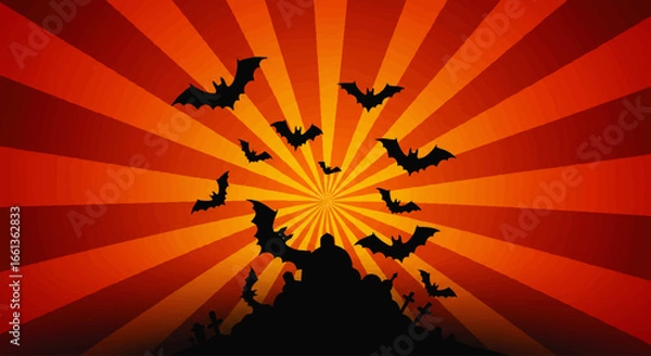Fototapeta Silhouetted bats fly against a radiating orange and red background with a dark, spooky landscape below.