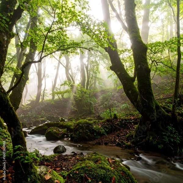 Fototapeta Misty forest stream. Lush greenery and sunlight peek through the trees