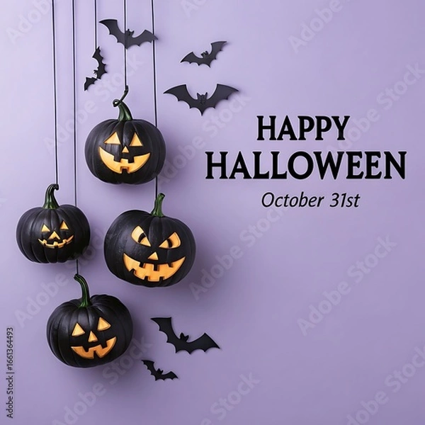 Obraz Spooky black pumpkins with glowing faces and hanging bats for a happy halloween celebration