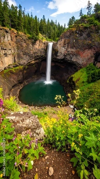 Fototapeta Waterfall cascading into a pool surrounded by greenery