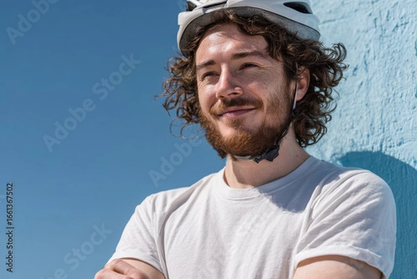 Fototapeta man wearing bicycle helmet stands confidently on ultrabright light blue background