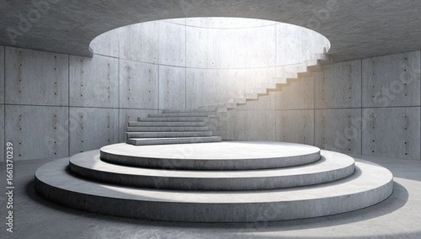 Fototapeta Circular concrete platform with spiral staircase in a modern interior space.