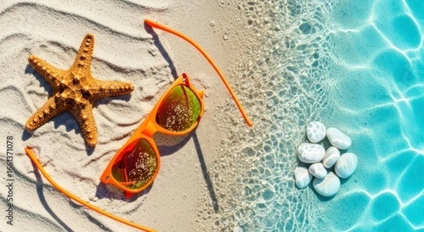 Fototapeta Vibrant orange sunglasses, a starfish, and white stones rest on light beige sand and a tranquil aqua-blue water's edge, creating a summery scene of relaxation and warmth.