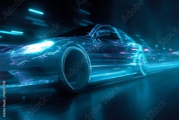 Fototapeta Experience the future of speed with a dynamic, glowing sports car blurring through a neon-lit cityscape at night, showcasing cutting-edge automotive technology and thrilling motion