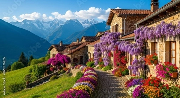 Obraz Stone Cottages Ablaze with Wisteria and Flowers Along a Cobblestone Path in the Alps.