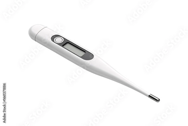Fototapeta Electronic digital thermometer with button and display screen for precise temperature readings in medicine, isolated on a transparent background