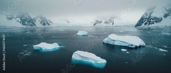 Fototapeta Icy Antarctic waters, majestic snow-capped mountains, and several floating icebergs