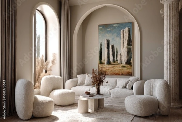 Fototapeta Modern, light-filled living room with beige furnishings and arched windows