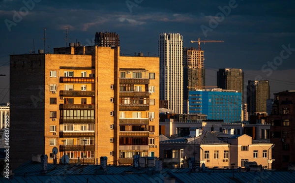 Obraz Multi-storey residential buildings at sunset in the center of the Russian capital.