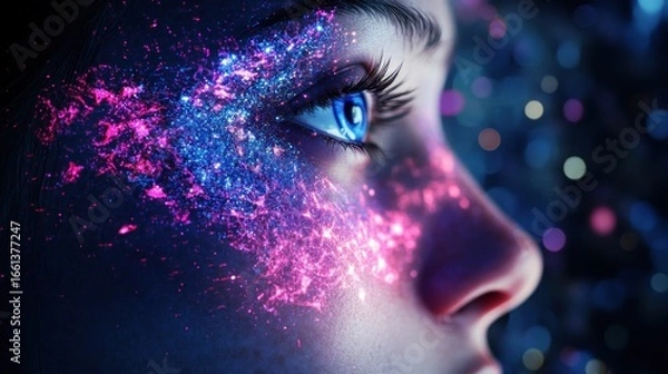 Fototapeta Woman's face with vibrant, glowing particles.