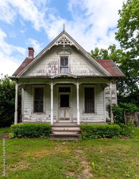 Fototapeta Weathered cottage under a partly cloudy sky