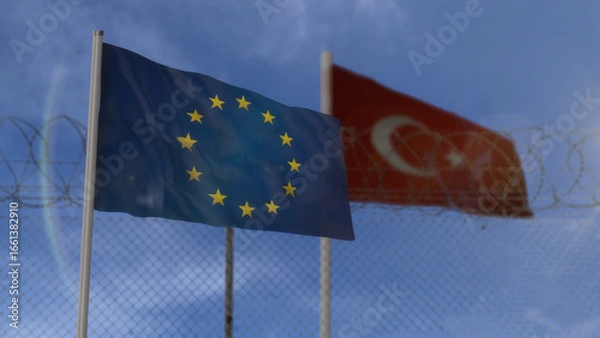 Fototapeta EU Turkey waving flags with barbed wire border