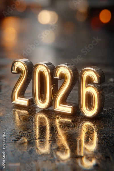 Fototapeta A close-up of illuminated "2026" numerals reflecting on a smooth, wet surface, implying a fresh, clean start.