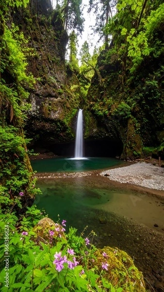 Fototapeta Lush waterfall cascading into a tranquil pool nestled within a verdant forest
