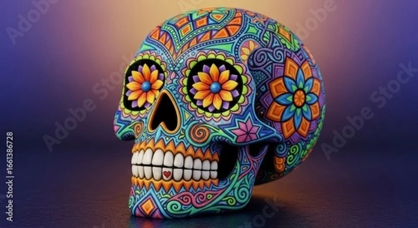 Obraz Vibrantly Painted Calavera Skull with Intricate Patterns and a Secret Heart