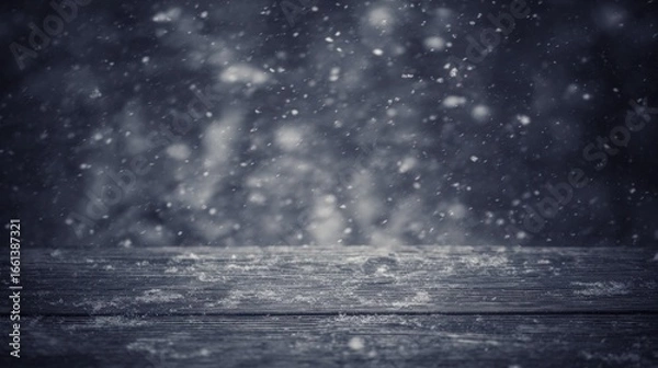 Fototapeta Snow-covered wooden surface with falling snowflakes, evoking a serene winter atmosphere.