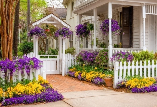 Fototapeta Colorful flowers bloom around a white picket fence and gate.