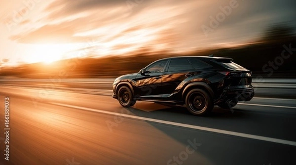 Fototapeta The sleek black SUV racing toward a stunning sunset backdrop