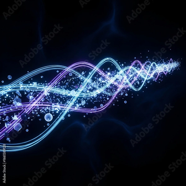 Fototapeta Abstract glowing blue and purple wavy lines with sparkling particles on a dark background, representing energy flow.
