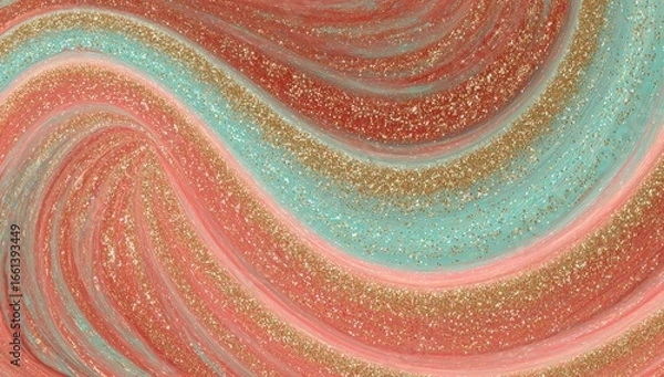 Fototapeta Abstract swirls of coral and teal colours with gold glitter.